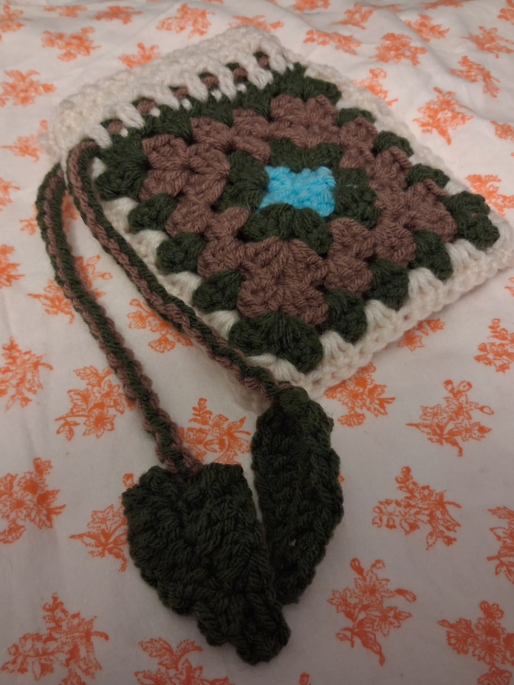 Cottagecore Floral Crochet Pouch – Aqua Blue Granny Square Drawstring Bag